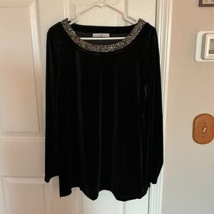 Elegant Black Velvet Blouse with Embellished Neckline